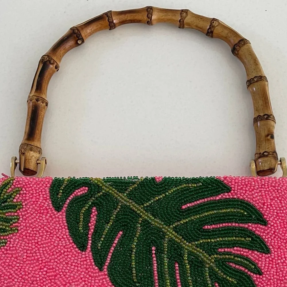 Tropical Pink Beaded Clutch with Bamboo Handle